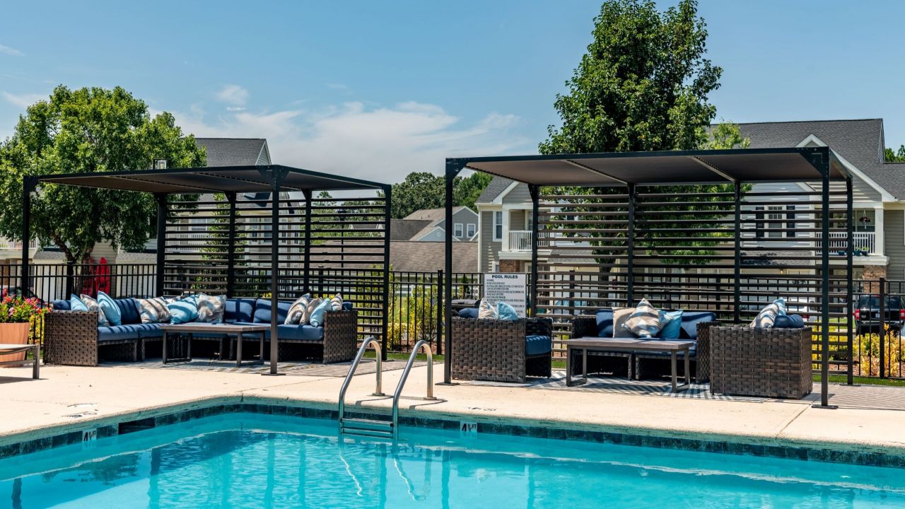 Hawthorne at the Pines luxury pool area with cabana style seating